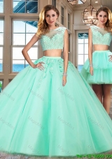 Best Selling Applique Cap Sleeves Detachable Quinceanera Dress in Apple Green