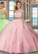 See Through Puffy Scoop Tulle Two Piece Quinceanera Dresses with Beading and Ruffles