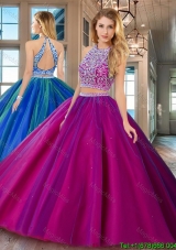 Perfect Really Puffy Brush Train Open Back Fuchsia Quinceanera Dress