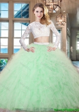 Pretty Zipper Up Long Sleeves Ruffled Quinceanera Dress in Apple Green