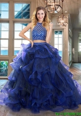 Pretty Two Piece Ruffled and Beaded Royal Blue Quinceanera Dress with Brush Train