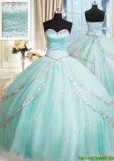 Romantic Tulle Beaded Bodice Apple Green Quinceanera Dress with Brush Train