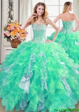 Elegant Puffy Sweetheart Organza and Sequins Turquoise Quinceanera Dress with Ruffles