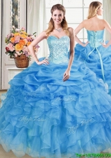 Informal Sweetheart Organza Beaded and Pick Up Quinceanera Dress in Blue