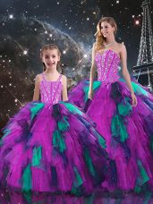 Adorable Beading and Ruffles Sweet 16 Dress Multi-color Lace Up Sleeveless Floor Length