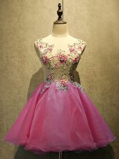 New Arrival Hot Pink Sleeveless Mini Length Embroidery Lace Up Prom Evening Gown