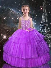 Ball Gowns Little Girls Pageant Gowns Lilac Straps Organza Sleeveless Floor Length Lace Up