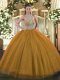 Floor Length Brown Sweet 16 Quinceanera Dress Halter Top Sleeveless Lace Up