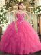 Suitable Tulle Sweetheart Sleeveless Lace Up Embroidery and Ruffles Sweet 16 Dress in Hot Pink