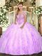 Strapless Sleeveless Quinceanera Dresses Floor Length Appliques and Ruffles Lilac Tulle