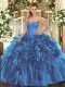 Enchanting Blue Ball Gowns Sweetheart Sleeveless Organza Floor Length Lace Up Beading and Ruffles Sweet 16 Dress