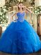 Floor Length Royal Blue Sweet 16 Quinceanera Dress Tulle Sleeveless Embroidery and Ruffles