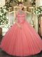 Halter Top Sleeveless Tulle Sweet 16 Dress Beading and Embroidery Lace Up