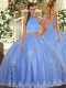 Ball Gowns Sweet 16 Dress Baby Blue Halter Top Tulle Sleeveless Floor Length Backless