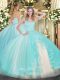 Straps Sleeveless 15 Quinceanera Dress Floor Length Beading Aqua Blue Tulle