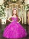 Fuchsia Ball Gowns Tulle Spaghetti Straps Sleeveless Beading and Ruffles Floor Length Lace Up Little Girl Pageant Dress