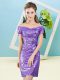 Off The Shoulder Short Sleeves Zipper Prom Dress Lavender Sequined