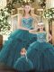 Floor Length Teal 15th Birthday Dress Organza Sleeveless Beading and Ruffles