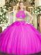 Fantastic Scoop Sleeveless Quinceanera Dresses Floor Length Beading and Ruffles Fuchsia Tulle