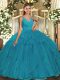 Teal Tulle Backless V-neck Sleeveless Floor Length Vestidos de Quinceanera Beading