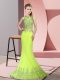 Fantastic Yellow Green Mermaid High-neck Sleeveless Satin Sweep Train Zipper Beading and Appliques Prom Gown