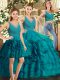 Sleeveless Organza Floor Length Backless Quince Ball Gowns in Teal with Ruffled Layers