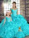 Aqua Blue Off The Shoulder Neckline Beading and Ruffles Vestidos de Quinceanera Sleeveless Lace Up