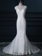 White Mermaid V-neck Sleeveless Tulle Brush Train Backless Lace Bridal Gown