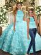 Best Aqua Blue Organza Backless Quinceanera Dresses Sleeveless Floor Length Beading and Ruffled Layers