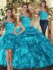 Teal Three Pieces Organza Halter Top Sleeveless Ruffles and Pick Ups Floor Length Lace Up Sweet 16 Quinceanera Dress