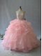 Deluxe Halter Top Sleeveless Vestidos de Quinceanera Beading and Ruffles Peach Organza