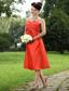 Orange A-line Straps Tea-length Taffeta Beading Prom Dress