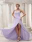 Beaded Decorate Halter Ruched Bodice Lilac High Slit Prom / Evening Dress Chiffon