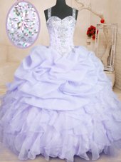 New Style Lavender Sleeveless Floor Length Beading and Ruffles and Pick Ups Zipper Sweet 16 Quinceanera Dress