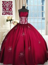 Clearance Floor Length Lace Up 15th Birthday Dress Wine Red and In for Military Ball and Sweet 16 and Quinceanera with Beading and Appliques and Ruching