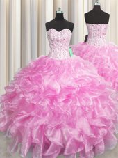 Traditional Visible Boning Zipper Up Floor Length Rose Pink Vestidos de Quinceanera Organza Sleeveless Beading and Ruffles