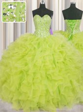 Inexpensive Visible Boning Organza Sleeveless Floor Length Ball Gown Prom Dress and Beading and Ruffles