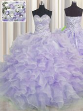 Flare Organza Sweetheart Sleeveless Lace Up Beading and Ruffles Quinceanera Dresses in Lavender