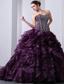 Purple A-Line / Princess Sweetheart Brush Train Organza Beading and Ruffles Quinceanea Dress