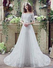 Dynamic Off the Shoulder Lace Up Wedding Gown White and In for Wedding Party with Lace and Appliques and Bowknot Court Train