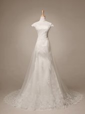 Comfortable White High-neck Clasp Handle Beading and Lace and Appliques Bridal Gown Brush Train Cap Sleeves