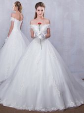 Perfect Scalloped White Sleeveless Tulle Court Train Lace Up Wedding Gowns for Wedding Party