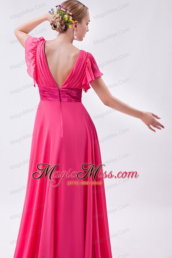 wholesale hot pink empire v-neck brush train chiffon ruch prom dress