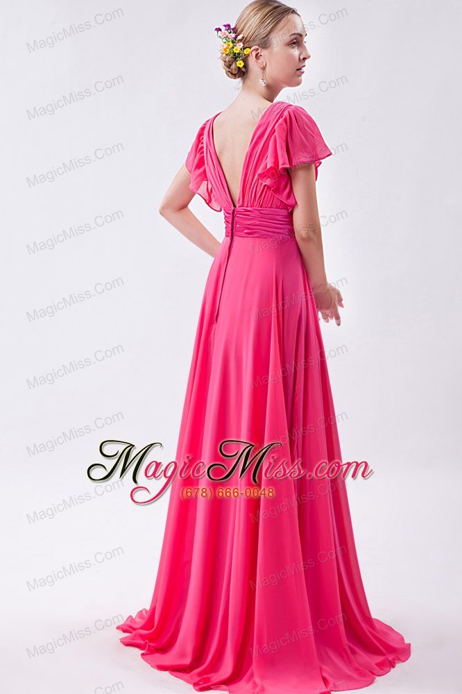 wholesale hot pink empire v-neck brush train chiffon ruch prom dress