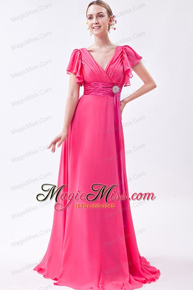 wholesale hot pink empire v-neck brush train chiffon ruch prom dress