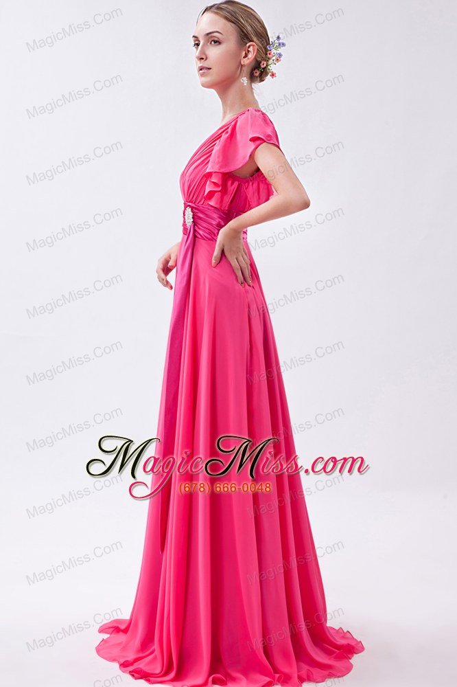 wholesale hot pink empire v-neck brush train chiffon ruch prom dress