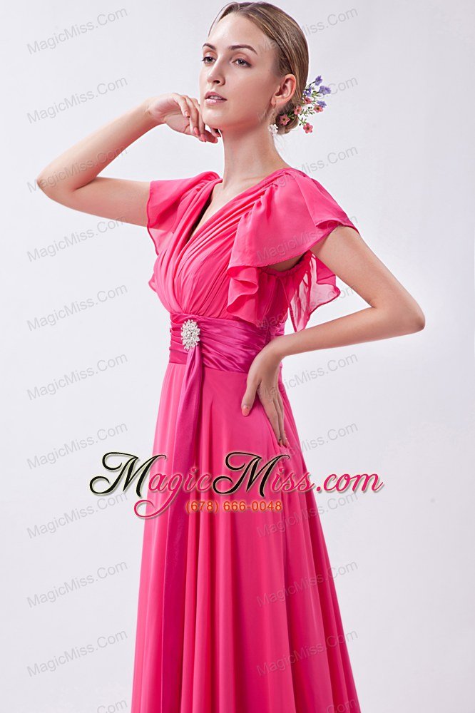 wholesale hot pink empire v-neck brush train chiffon ruch prom dress