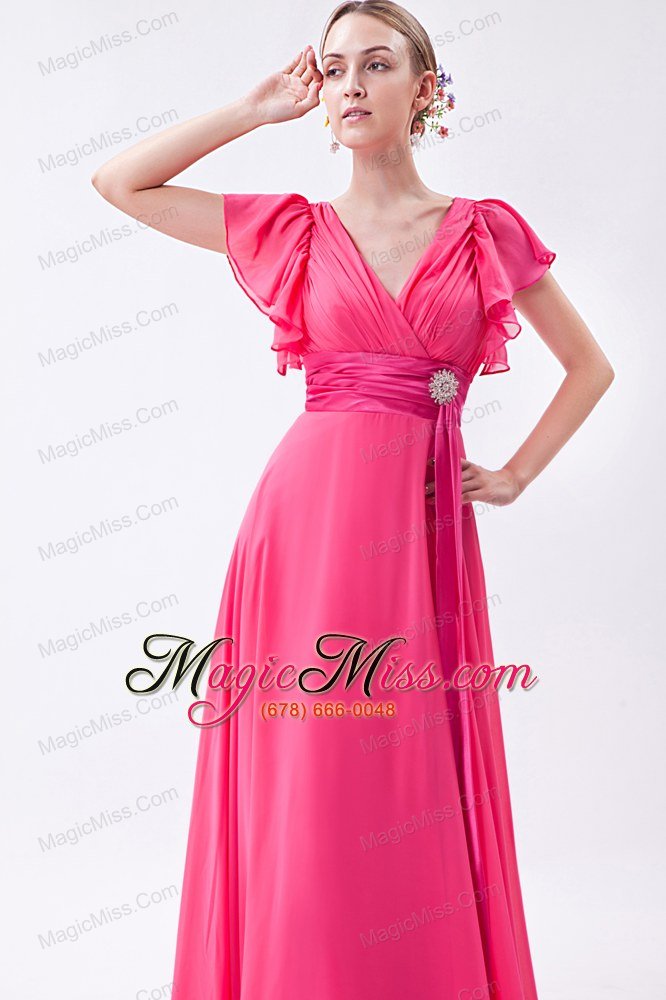 wholesale hot pink empire v-neck brush train chiffon ruch prom dress