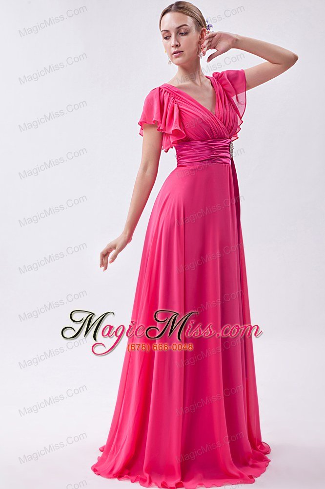 wholesale hot pink empire v-neck brush train chiffon ruch prom dress