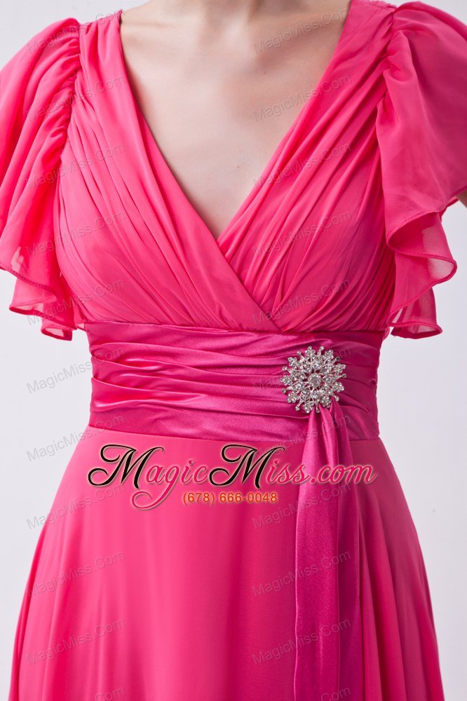 wholesale hot pink empire v-neck brush train chiffon ruch prom dress